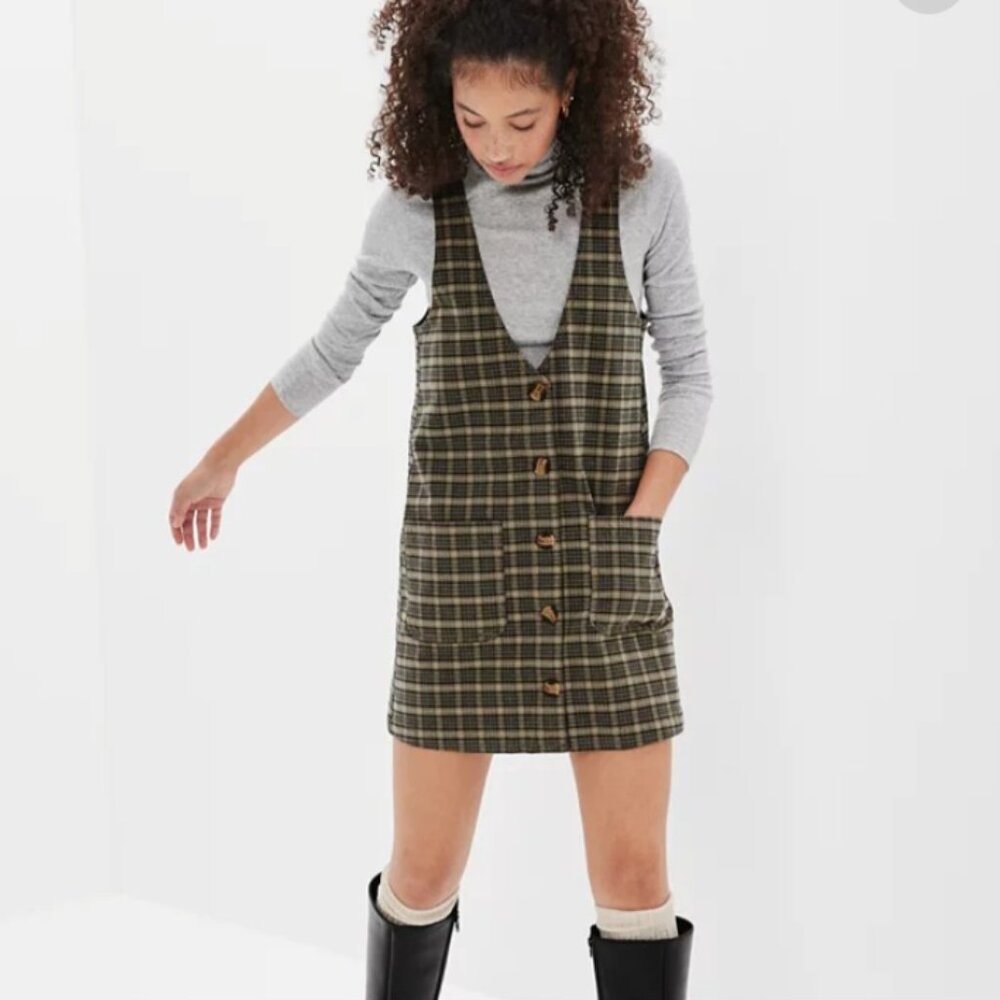 American Eagle Dress Women's Size S Green Plaid Button Front Mini V Neck